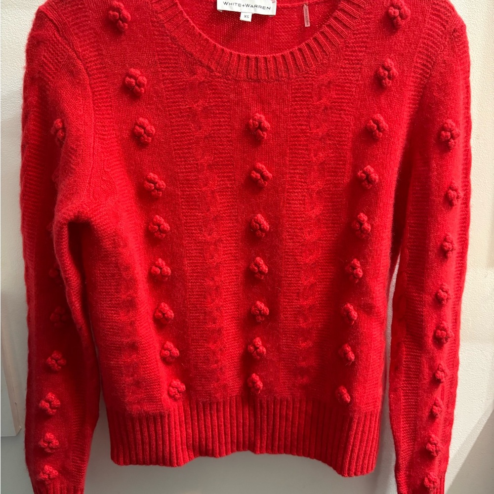 White + Warren Red Crew Neck Sweater with Textured Design
